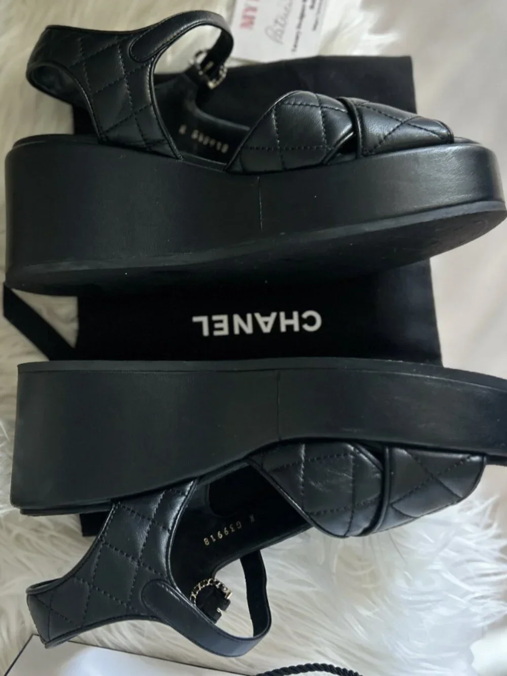 CHANEL Size 37.5 (7.5)  Lambskin Wedge Heel Sandals